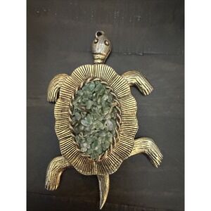 Vintage MCM Large Gold Tone Articulated Stone Chip Turtle Necklace Pendant